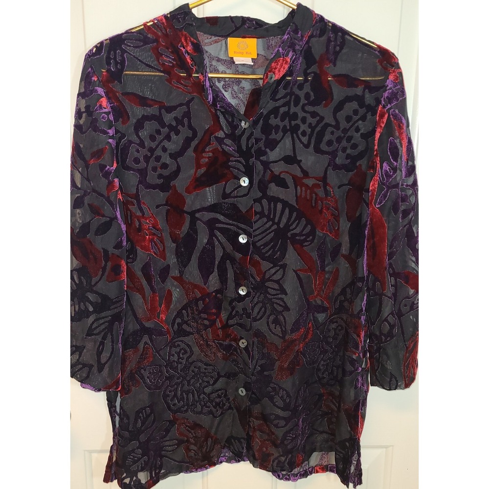 Velvet Burnout Top Size 14 Womens Sheer Dark Floral Overlay Blouse Ruby Rd Red